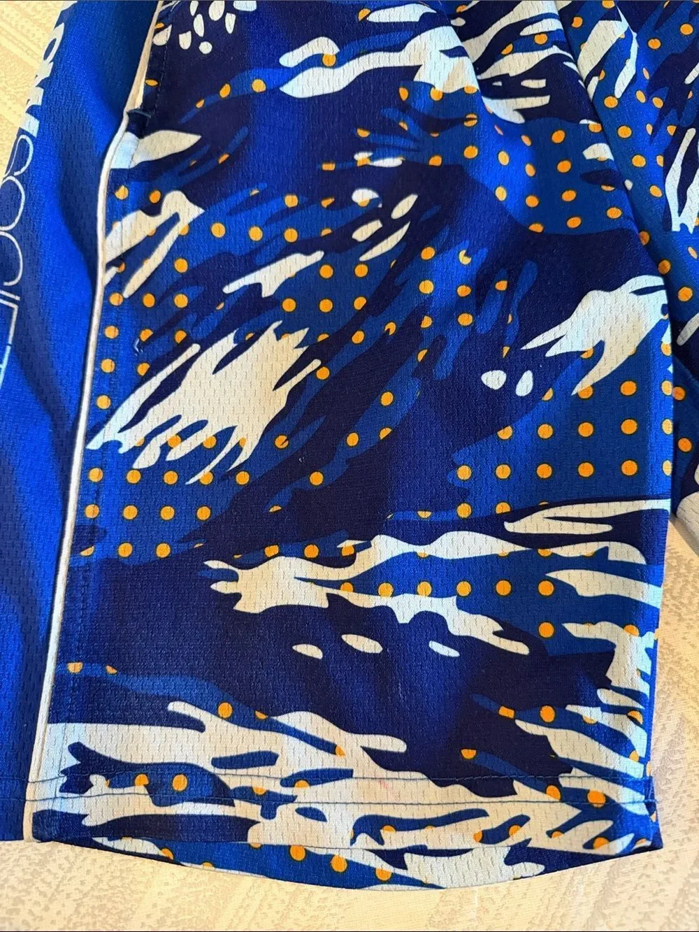 Flow Society Boys Medium Blue Athletic Shorts White Design & Orange Polka Dots
